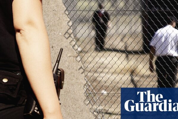 Illustration of handcuffed detainees in an immigration detention facility