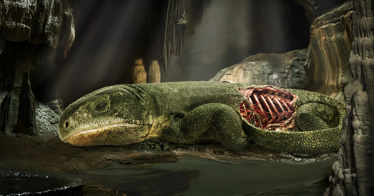 A fossilized mummified reptile showcasing ancient breathing structures.