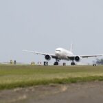 NASA's modified Boeing 777 aircraft at Langley Research Center, ready for space exploration.