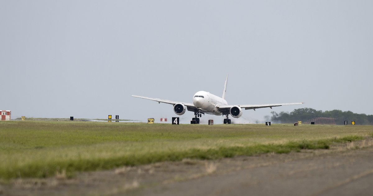 NASA's modified Boeing 777 aircraft at Langley Research Center, ready for space exploration.