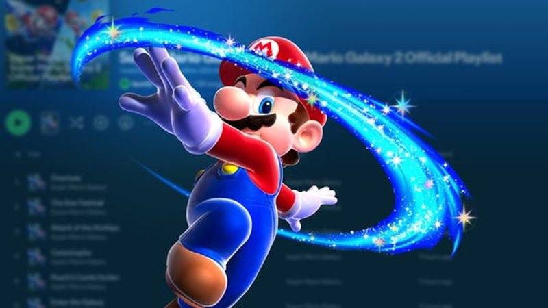 Mario in front of a Spotify UI screen showing the Mario Galaxy OSTs.
