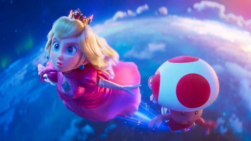 Peach and Toad fly through the cosmos in The Super Mario Galaxy Movie