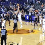 Phoenix Suns and Oklahoma City Thunder players in action during Game 2 of the NBA playoffs.