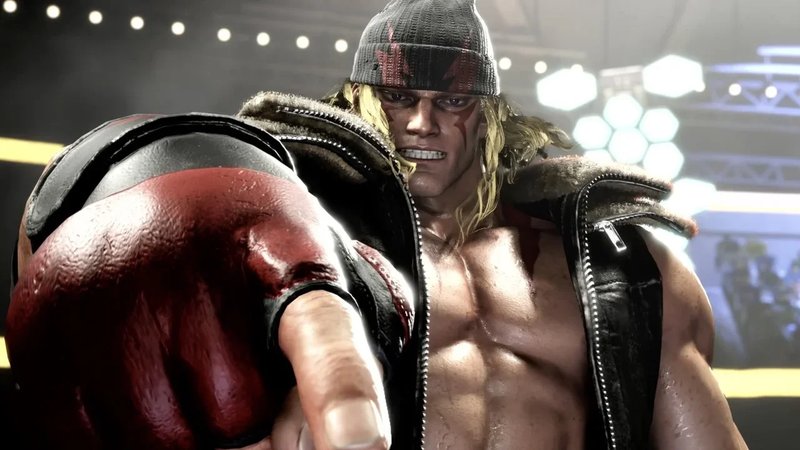 Street Fighter 6 Alex screenshot showing the fighter pointing downwards, smiling.