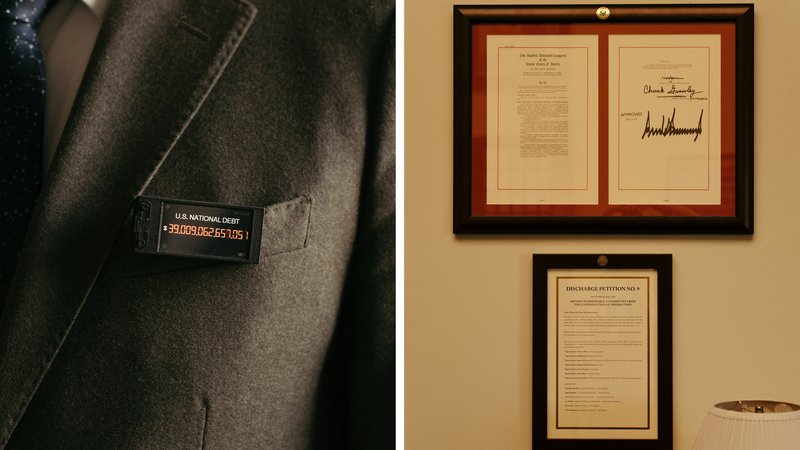 A national debt pin on a lapel and framed letters